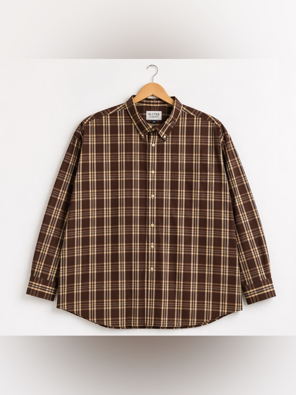 Sutter & Grant Brown Plaid Button Down Shirt Mens Long Sleeve Classic Fit